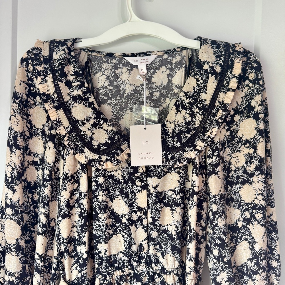 LC Lauren Conrad Ruffle Chiffon Shirt Dress Black Cream Floral Medium NWT - Picture 2 of 10